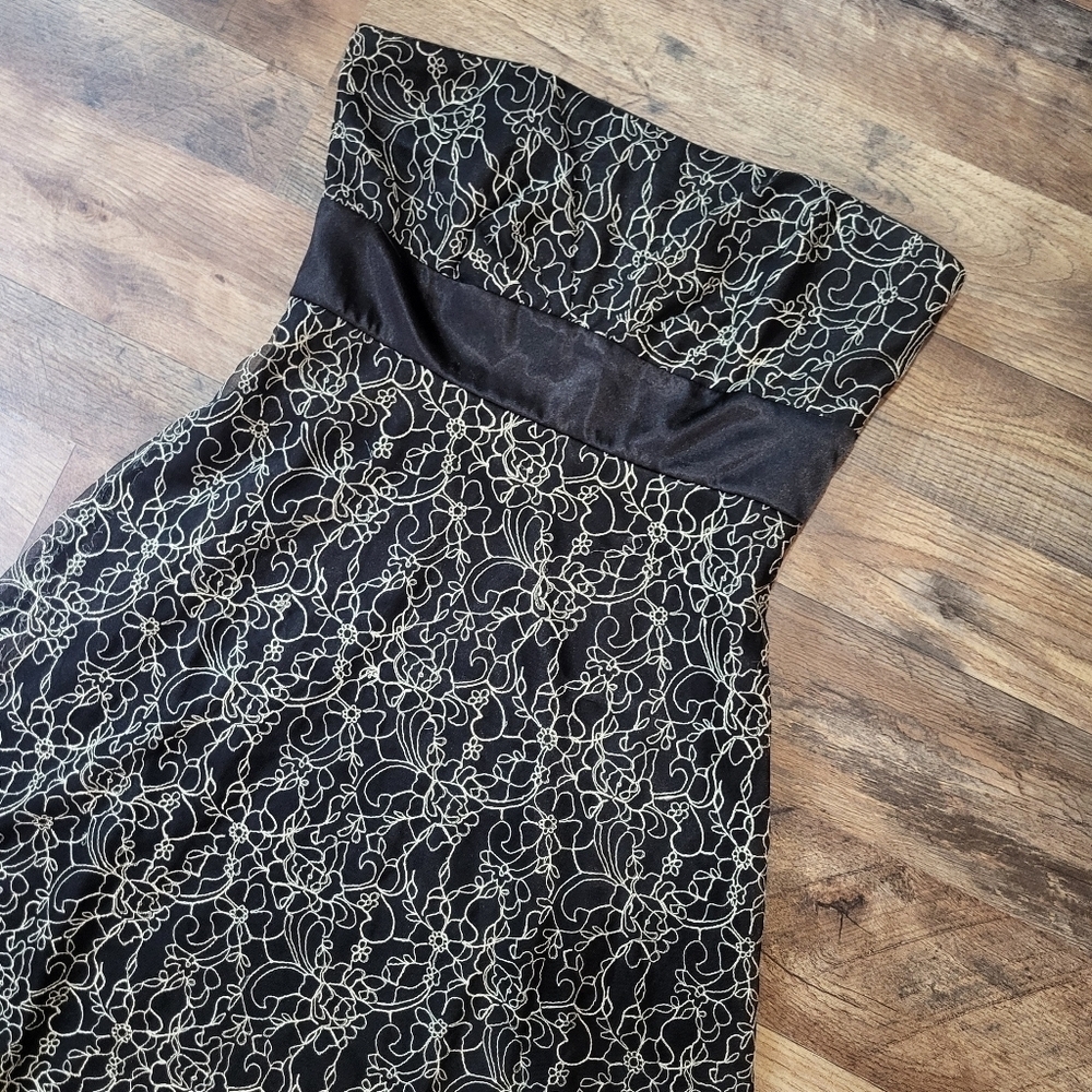 Vintage Kathy Robert's Black & Metallic Gold Floral Strapless Dress Size 8 - Picture 2 of 9